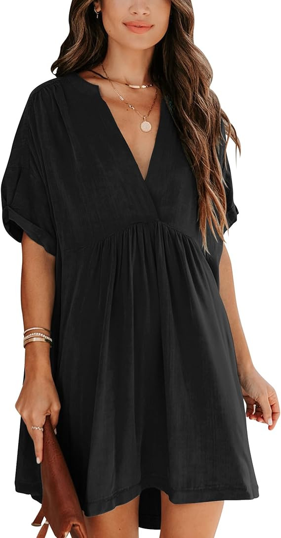 Minclouse Women's Babydoll Short Sleeve Tunic Dress V Neck Cute Casual Loose Dresses | Amazon (US)