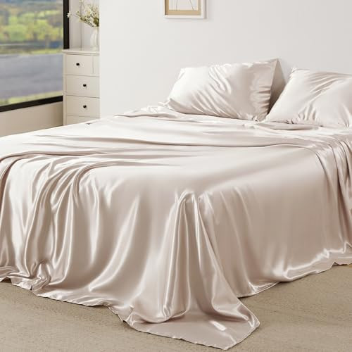 Bedsure Satin Sheets Queen Size - 4 Piece Silky Bedsheets with Elastic Corner Straps and 15 Inches Deep Pocket Fitted Bedsheet,1 Flat Sheet, 2 Satin Pillowcases, Good for Hair & Skin (Queen, Beige) | Amazon (US)