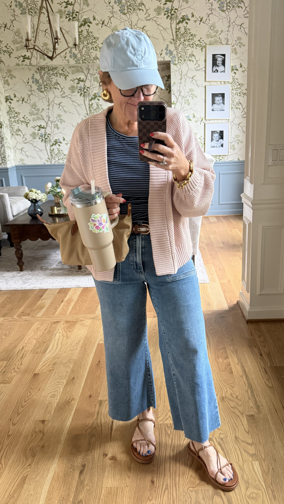 Casual everyday style but make it chic 🫶🏻
 
Loving this striped tee layered with a soft blush cardigan, relaxed cropped denim, and easy neutral sandals. The baseball cap gives it that effortless on-the-go vibe that’s perfect for errands, coffee runs, travel days, or casual weekends! 

 #LTKootd #LTKSeasonal #LTKOver40