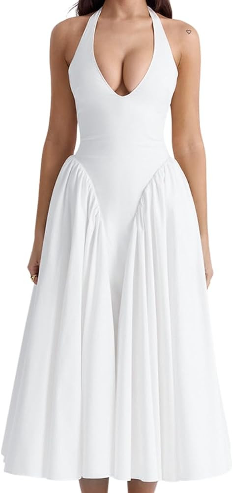 Women's Sexy Sleeveless Summer Dress Backless Deep V Neck Halter Bodycon Maxi Party Dress Beach V... | Amazon (US)