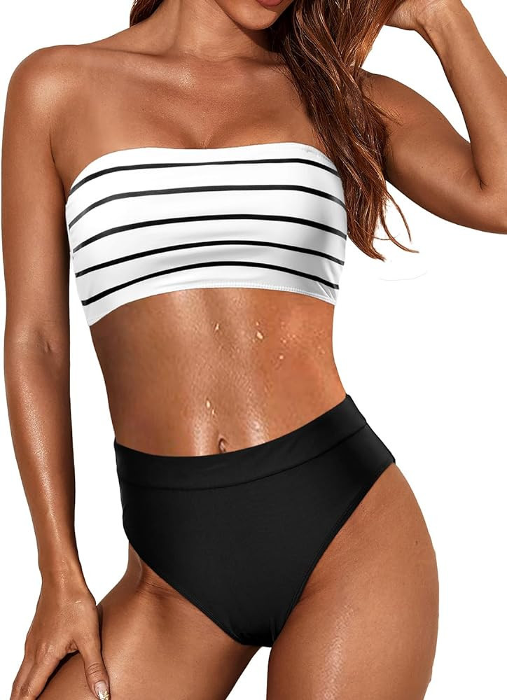 Tempt Me Women Bandeau Bikini Set Strapless Two Piece Swimsuit High Cut High Waisted Bathing Sui... | Amazon (US)