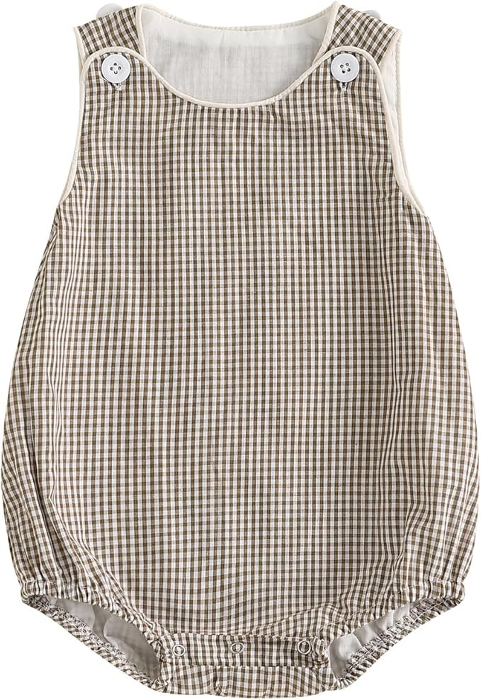 Kuriozud Unisex Newborn Baby Boy Girl Summer Clothes Plaid Sleeveless Bubble Romper Jumpsuit Over... | Amazon (US)