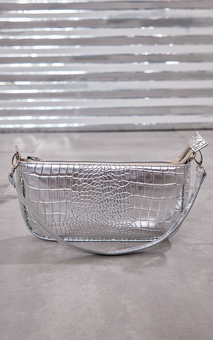 Silver Simple Croc Shoulder Bag | PrettyLittleThing US