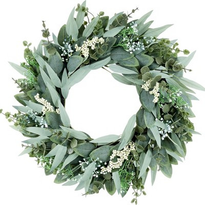 20-Inch Artificial Eucalyptus Wreath with White Berries – Farmhouse Front Door, Porch, Wall, Wi... | Target