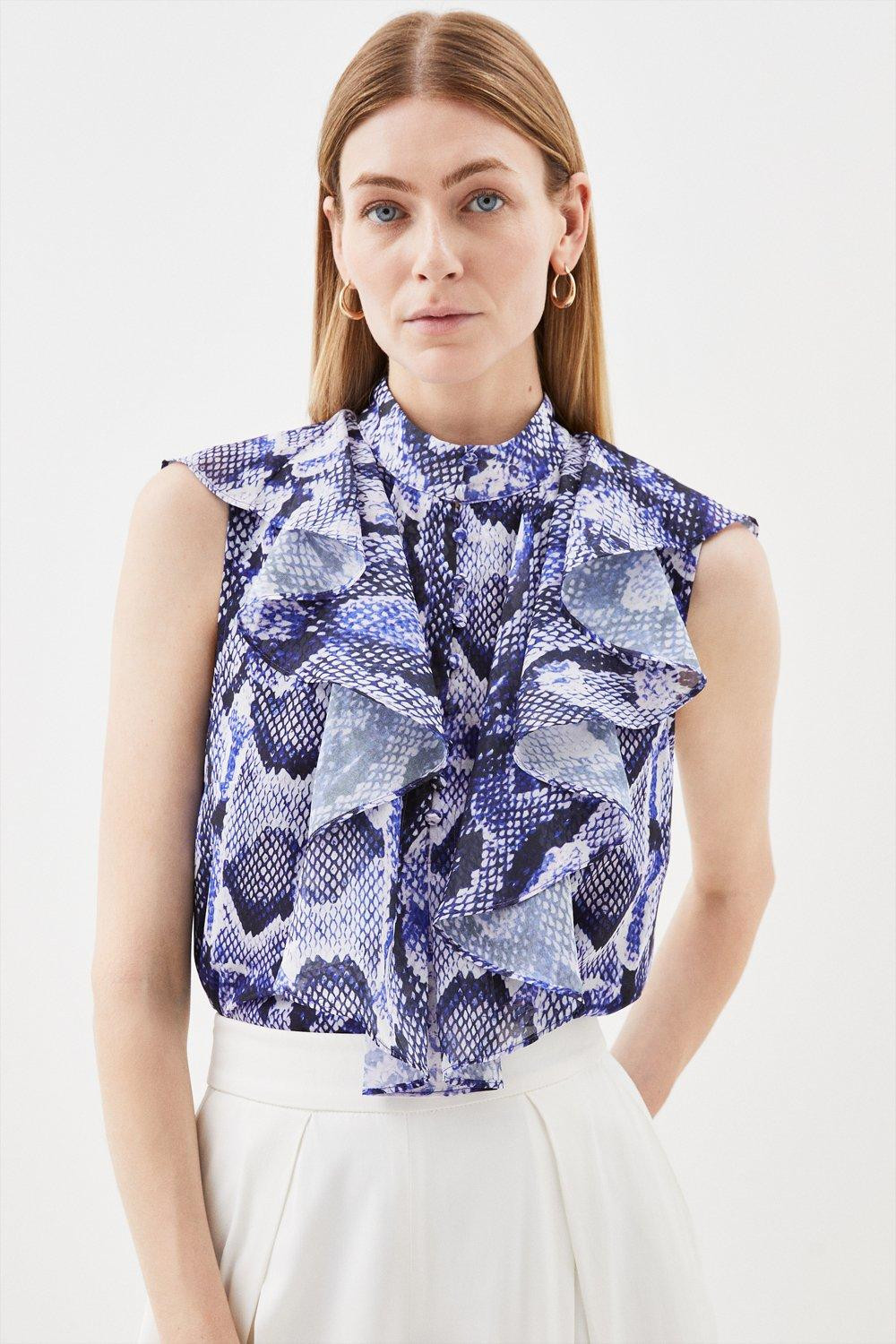 Snake Printed Georgette Ruffle High Neck Woven Blouse | Karen Millen US
