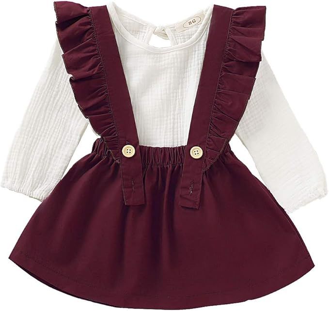 Toddler Baby Girl Suspender Skirt Sets Cotton Linen Shirts Ruffle Suspender Dress Fall Outfits Wi... | Amazon (US)