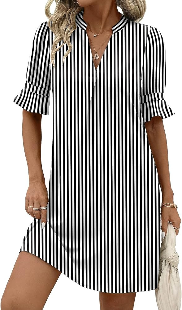 Zeagoo Summer Dresses for Women 2026 V Neck Ruffle Sleeve Loose Shift Dress Hawaiian Sundress Bea... | Amazon (US)