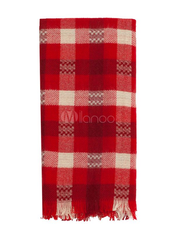 Women's Red Scarf Plaid Velvet Fringe Two Tone Soft Scarf | Milanoo