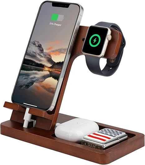 3 in 1 Charging Station, Wood Charger Stand for iPhone, iPad, Apple Watch, AirPods, Wood Phone Do... | Amazon (US)