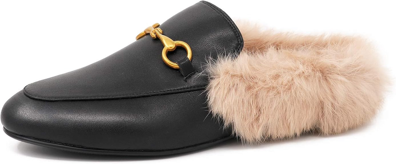 Comfity Mules for Women, Womens Leather Slip On Mule Flats Embroidery Loafers Backless Rabbit Hai... | Amazon (US)