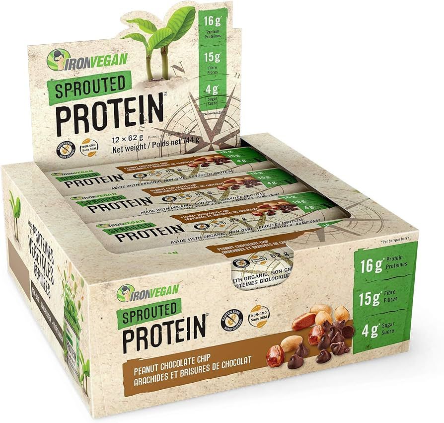 Iron Vegan Sprouted Protein Bars | Peanut Chocolate Chip Flavour | 12 Pack | Amazon (CA)