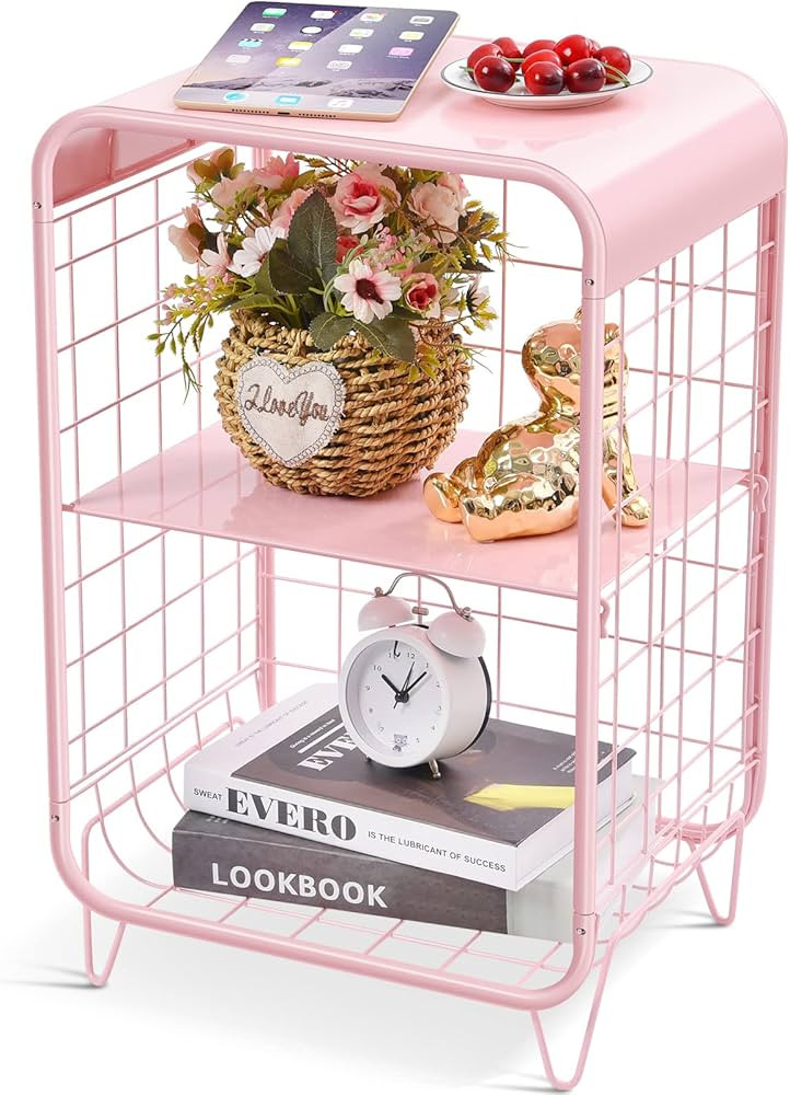 APEXCHASER Metal Side Table,Cute Pink Nightstand,3 Tier End Table with Storage,Vintage Bedside Ta... | Amazon (US)