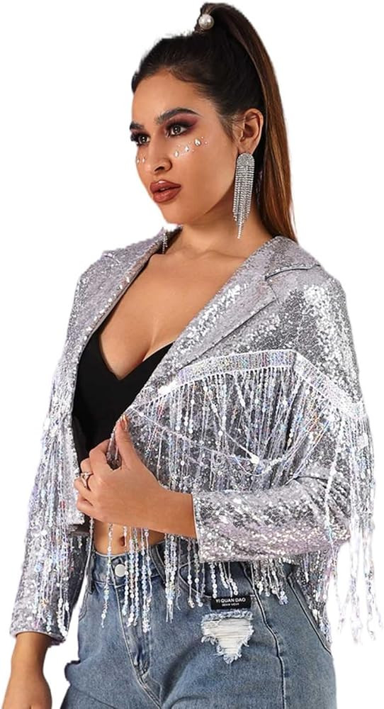 EVILD Women Sequins Tassel Bomber Jackets Glitter Long Sleeve Jacket Sparkly Open Front Party Bom... | Amazon (US)