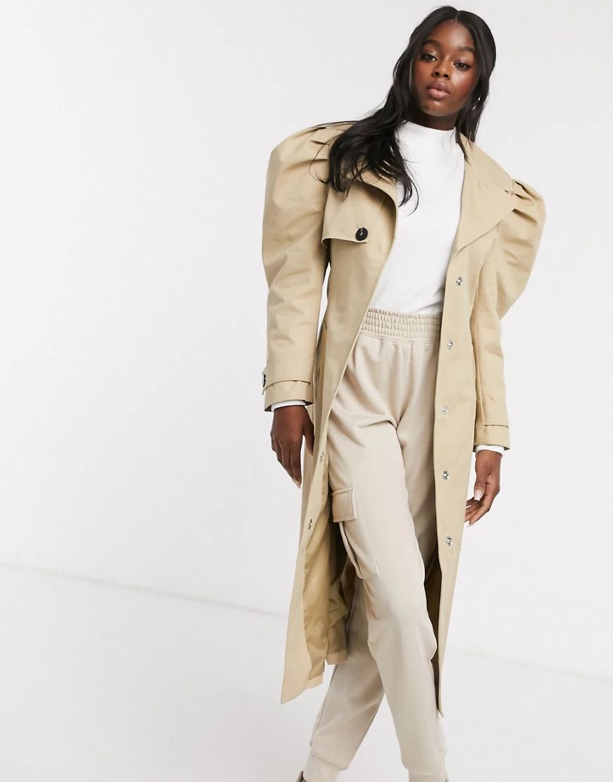 ASOS DESIGN puff sleeve trench coat in stone-Neutral | ASOS (Global)