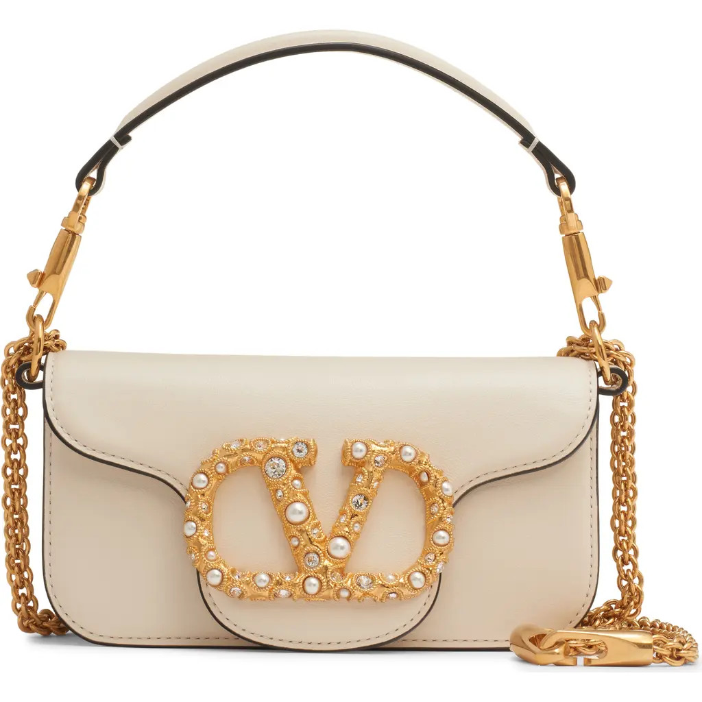 Valentino Garavani Small Locò Leather Shoulder Bag in Light Ivory/Cream Crystal at Nordstrom | Nordstrom