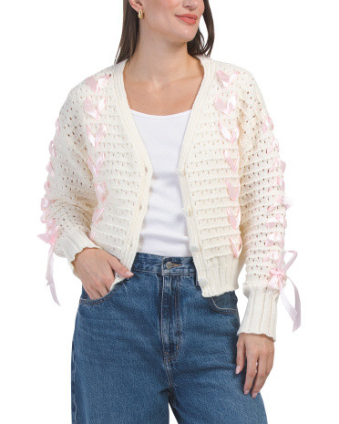 Long Sleeve Cardigan With Ribbon Weave Details | TJ Maxx