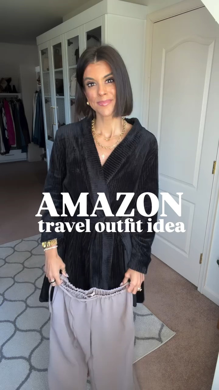 Amazon travel outfit! I’m 5’5 and in the regular length in the pants, size small. Sweater is one size fit all.