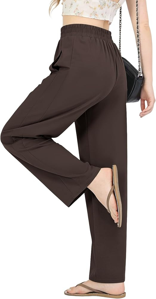 Womens Casual Pants Breathable Stretchy Pull On High Waisted Straight Leg Trousers for Summer | Amazon (US)