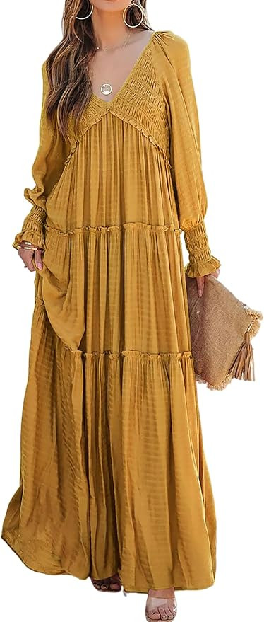 R.Vivimos Maxi Dress for Women Long Sleeve V Neck Empire Waist Layered Ruffle Boho Casual Flowy L... | Amazon (US)