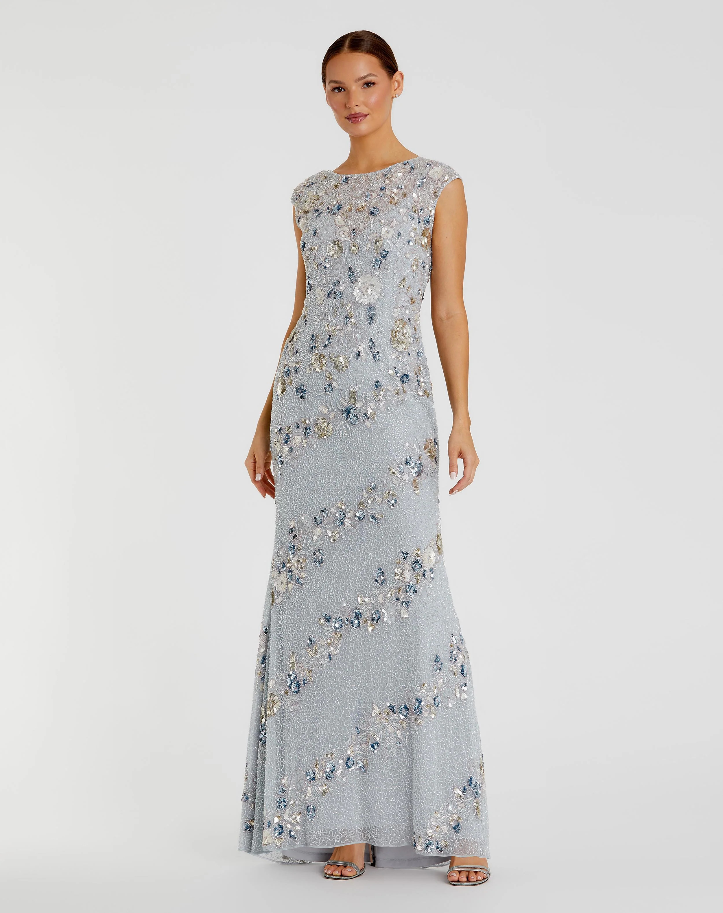 Light Blue Floral Embellished Cap Sleeve Column Gown | Mac Duggal