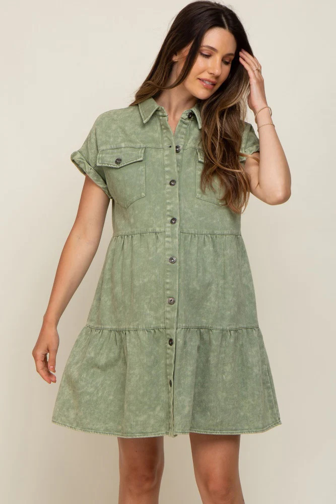 Olive Faded Denim Front Pocket Maternity Dress | PinkBlush Maternity