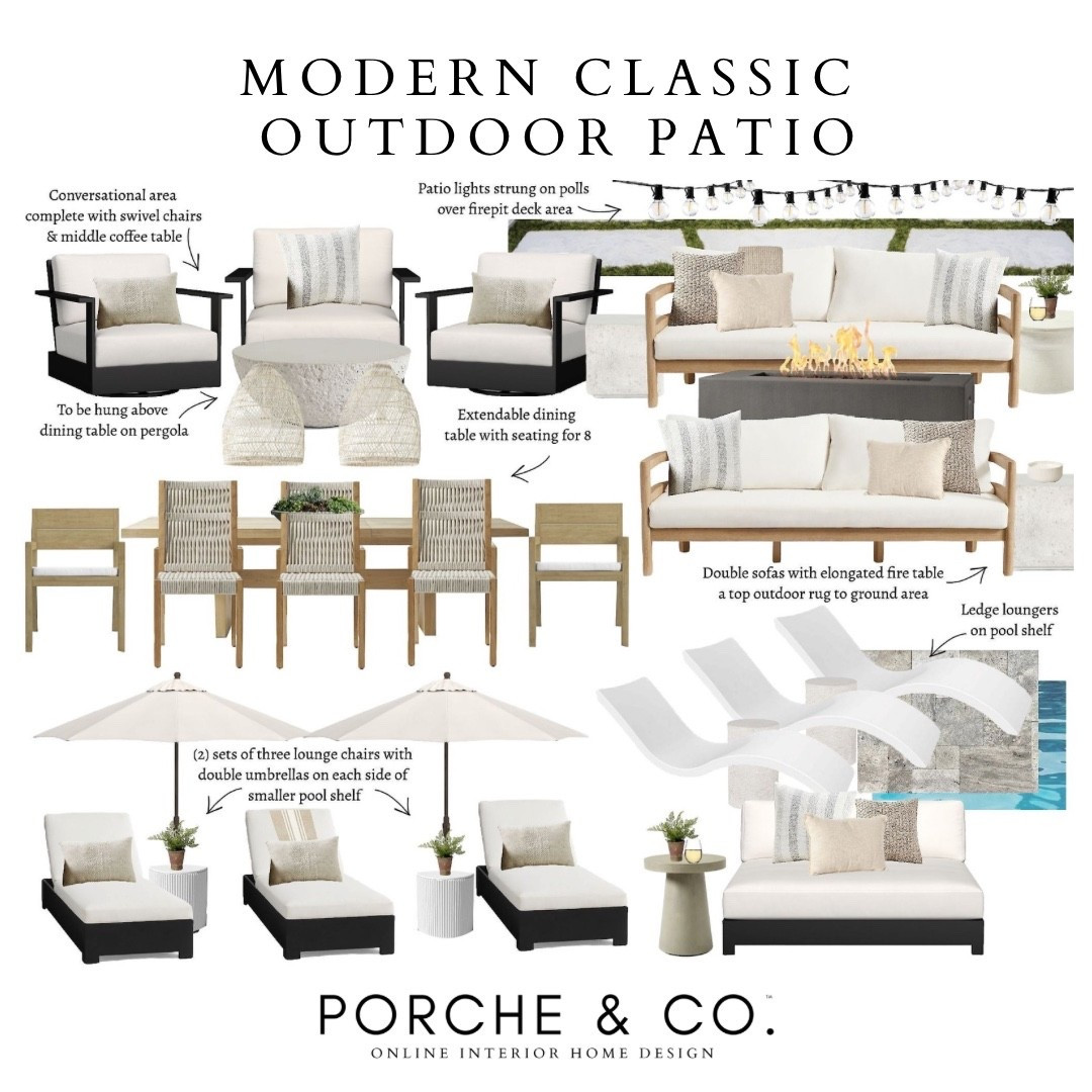 Your dream patio, reimagined 🌿☀️ This Modern Classic layout blends clean lines, timeless neutrals, and cozy comfort zones — from firepit sofas to poolside loungers. Outdoor Online Interior Design by Porche & Co., created to elevate your everyday living.

#porcheandco #visionboard #moodboard #interiordesign #virtualdesign #modernclassic #outdoorliving #patiodesign #onlineinterior


#LTKStyleTip #LTKHome #LTKOver40