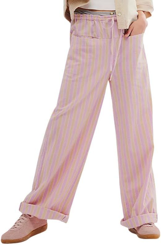 Y2k Striped Pants for Women Elastic Drawstring High Waist Wide Leg Pants Vintage Streetwear Loung... | Amazon (US)