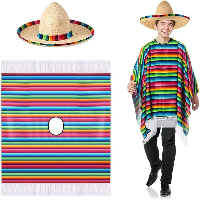 SATINIOR Mexican Serape Poncho Costume Mexican Sombrero with Rainbow Serape Edge and Band (Adult) | Amazon (US)