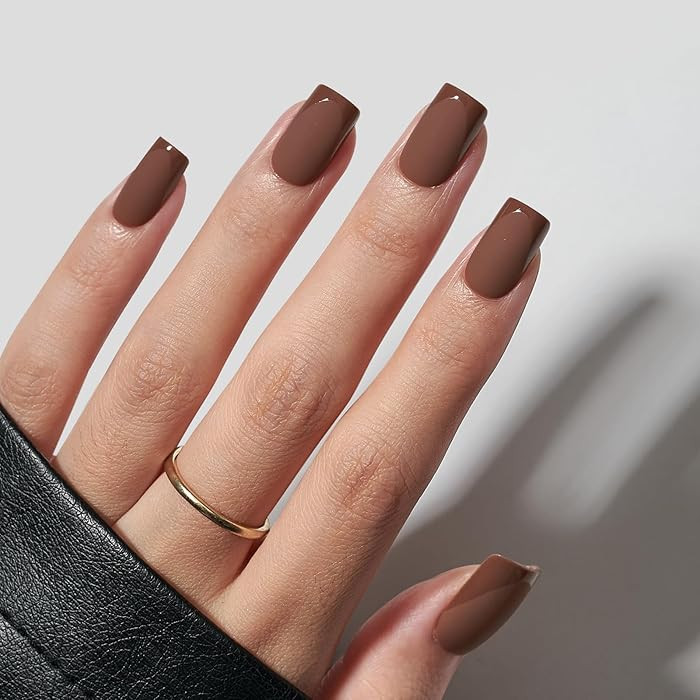 BTArtbox Press on Nails Short Square - Brown Nails with Glossy French Tips in A Matte Finish, Sof... | Amazon (US)