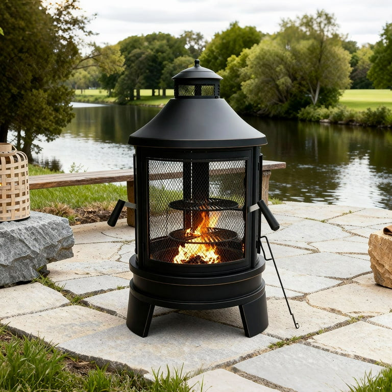 ALAULM Metal Chiminea Fire Pit with Grill, 2 in 1 Firepit with Adjustable Grill Tray & Mesh Spark... | Walmart (US)