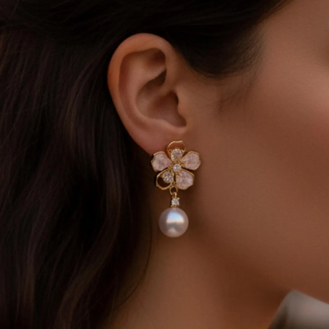 Pink Flower Pearl Earrings, Freshwater Drop Earrings, Floral Pearl Earrings, Wedding Jewelry, Bri... | Etsy (US)