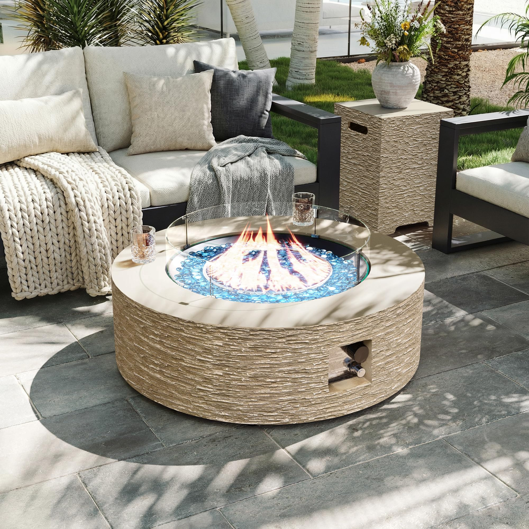 UPHA 42-inch Outdoor Propane Gas Fire Pit Table 50000 BTU Concrete Round FirePit for Outside Patio with Propane Tank Cover, Wind Guard, Blue Glass Rocks, Rain Cover, Beige | Amazon (US)