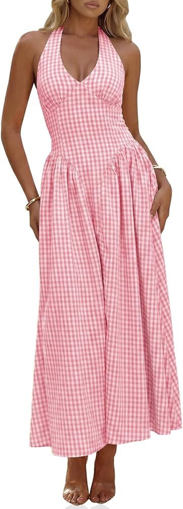 Wenrine Womens Halter V Neck Corset Maxi Dresses Summer Plaid Smocked Tie Back Backless Wedding G... | Amazon (US)