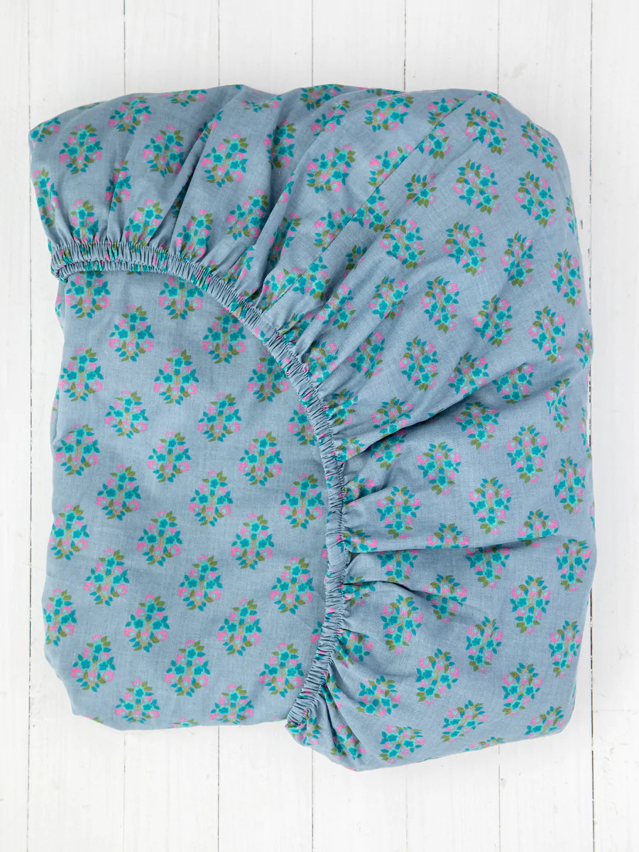Mixed Print Soft Cotton Fitted Sheet - Blue Folk Floral | Natural Life