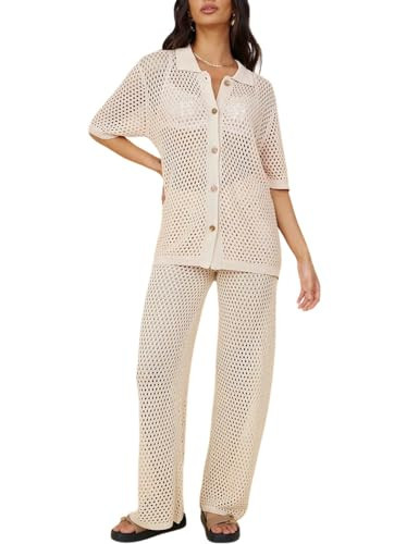 Gihuo Women's Swimsuits 2 Piece Crochet Sets Cover Ups Short Sleeve Shirts High Waist Pants Knit Hollow Out Beach Set(Beige-L) | Amazon (US)