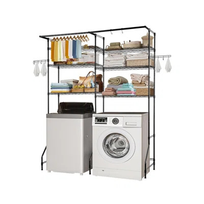 Over The Washer and Dryer Storage Shelf, 6 Tier Laundry Room Drying Rack with Hanger Rod and Hooks, Adjustable Over Washer and Dryer Shelves, Laundry | Wayfair North America