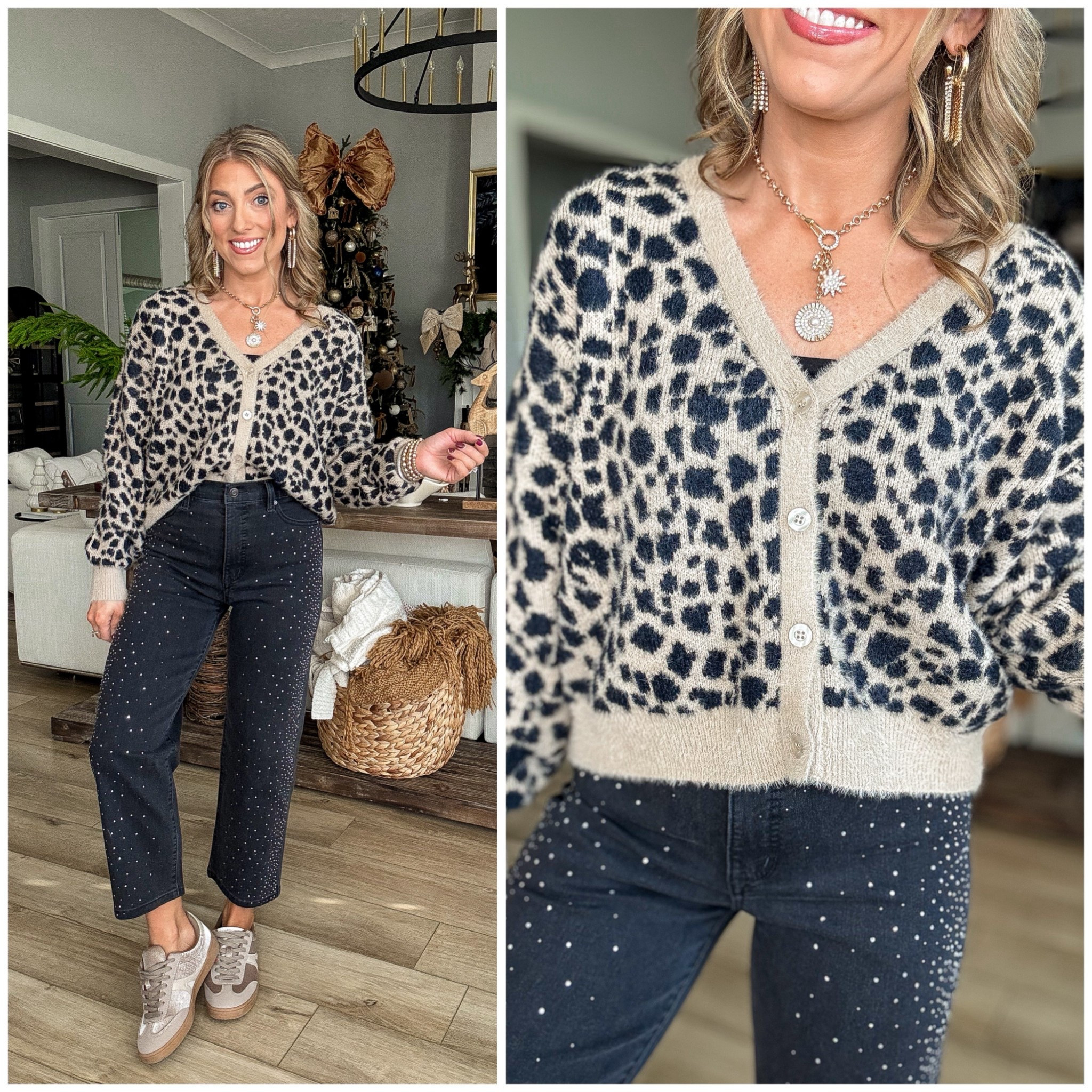 This brand new Walmart outfit is EVERYTHING 😍🐆✨ The new $29 leopard print cardigan is the softest fuzzy eyelash material — cozy, lightweight, and so elevated for winter. Paired it with these new embellished jeans that are also under $30 and come in three length options, making them such an easy, flattering fit for all heights.

A chic and festive Walmart look that feels designer but stays totally budget-friendly. Perfect for holiday events, casual parties, or adding a little sparkle to everyday outfits!

#WalmartFashion #WalmartFinds #AffordableFashion #HolidayOutfits #EmbellishedJeans #LeopardCardigan #WinterStyle #BudgetFriendlyStyle #WalmartStyle

#LTKHoliday