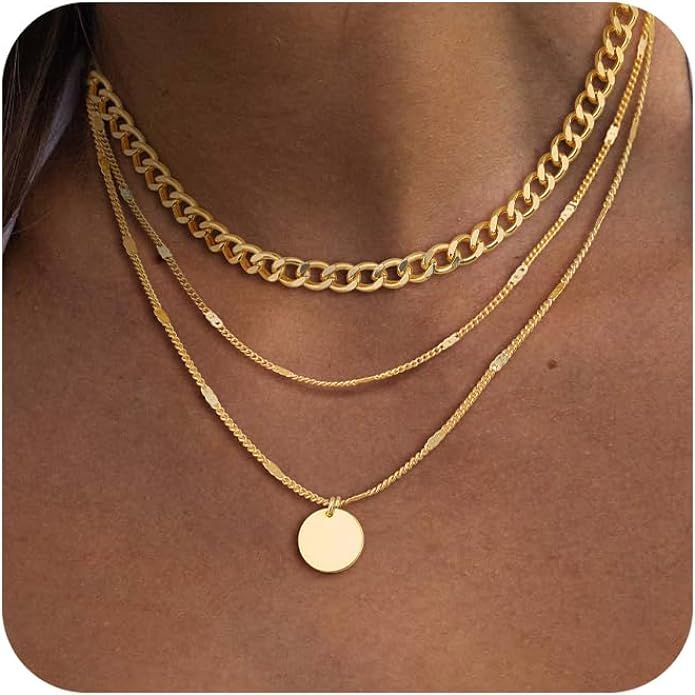 Picuzzy Layered Gold Necklaces for Women, Stackable Dainty 14K Real Gold Plated/Silver Chain Necklac | Amazon (US)
