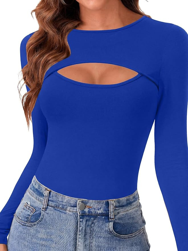 Women's Long Sleeve Top Cut Out Front Fitted Sexy Cute Casual Tops Tee Dressy T-Shirt | Amazon (US)