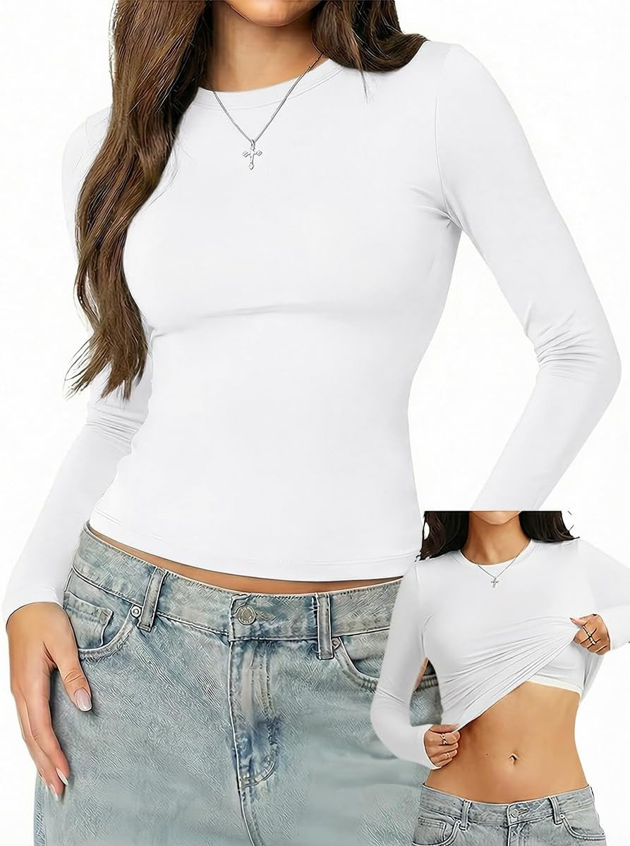 Danysu Double Lined High Round Neck Long Sleeve Tops for Women with Built in Bra Nylon Basic Crop Fall Tee Shirts | Amazon (US)
