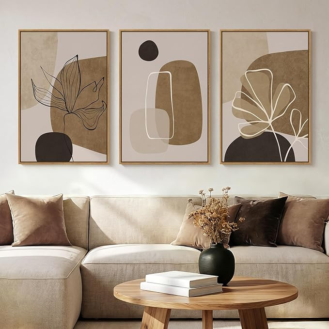 Large Framed Neutral Boho Wall Art for Living Room, 3 Piece Abstract Brown Black Botanical Lines ... | Amazon (US)