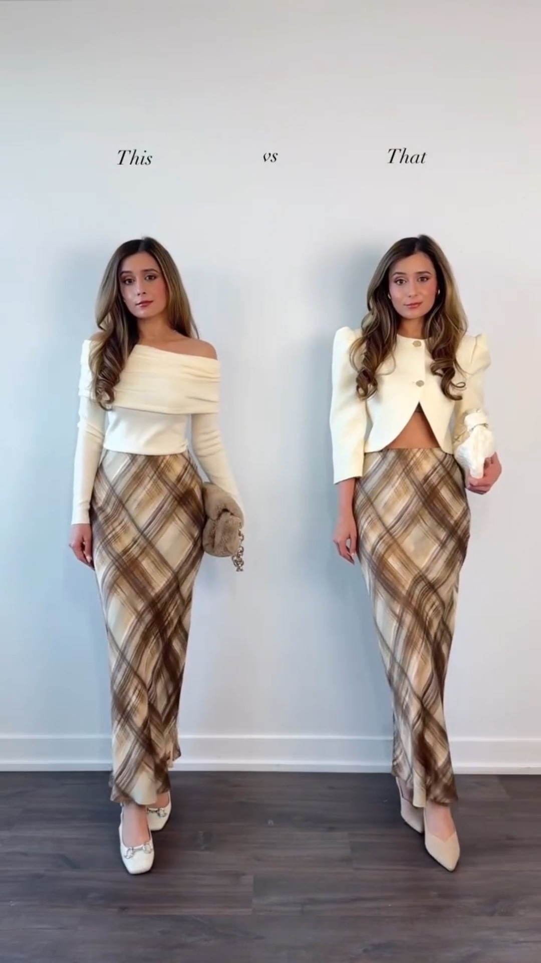 Never thought I would love a plaid satin skirt but it looks so chic 😍 Pair it with a crop blazer or an off shoulder sweater to elevate the looks. Obsessed! 

Share this with a bestie who would love these looks! 

#stylingtips #thisorthat #falloutfitinspo #satinskirt #oldmoneyaesthetic #stylingtips #oldmoneystyle 

#LTKSeasonal #LTKFindsUnder100 #LTKStyleTip