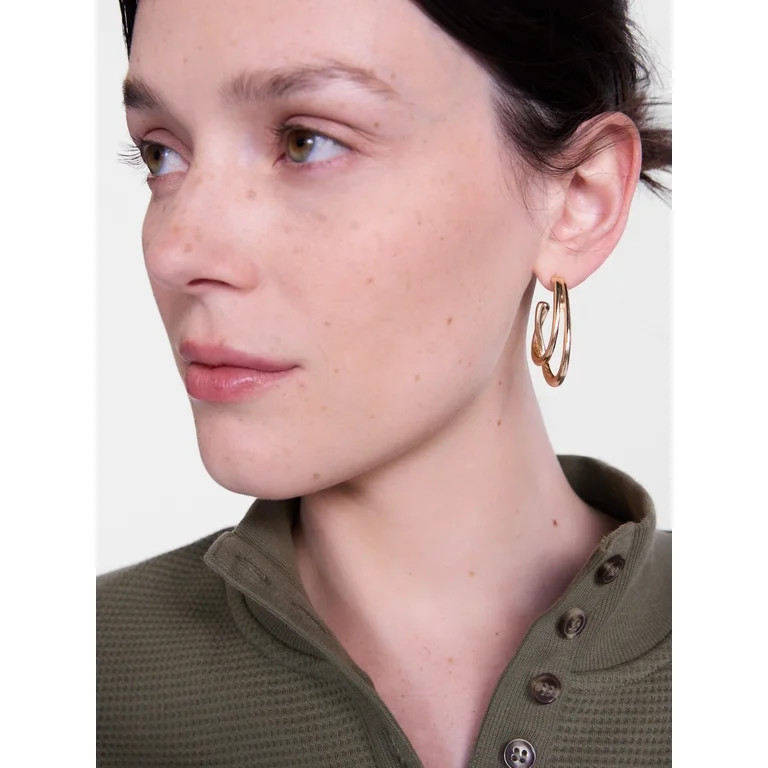 Scenario Women\u2019s Gold Tone Dual Layer Hoop Earrings | Walmart (US)