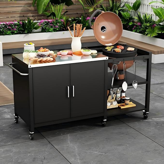 MOUMON Outdoor Grill Cart Table with Storage, 37” Stainless Steel Top, 4 Hooks, Metal Kitchen S... | Amazon (US)