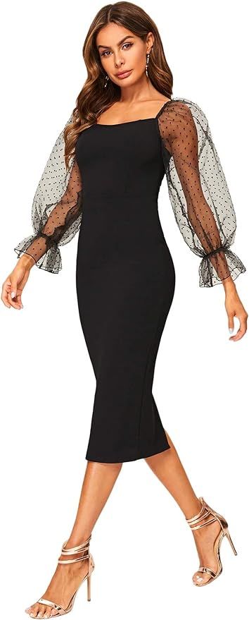 SheIn Women's Elegant Mesh Contrast Long Bishop Sleeve Bodycon Pencil Dress | Amazon (US)