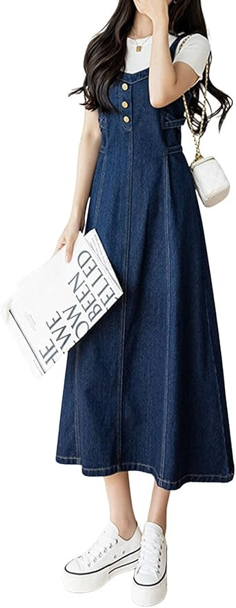 CHARTOU Women's Elegant Straps Back Smocked A-Line Long Skirt Denim Overall Pinafore Dress | Amazon (US)
