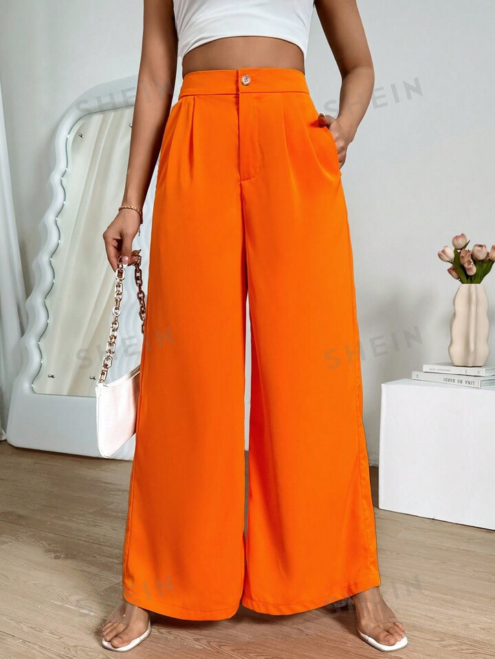 SHEIN Privé Ladies' Solid Color Fold-Pleated Trouser Pants | SHEIN