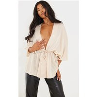 Cream Textured Woven Plunge Tie Waist Blouse | PrettyLittleThing US