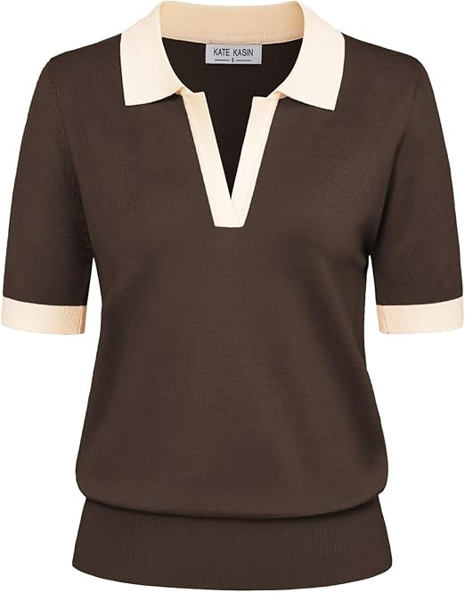 Kate Kasin Short Sleeve Sweaters for Women, V Neck Knit Tops, Business Casual Polo Shirts | Amazon (US)