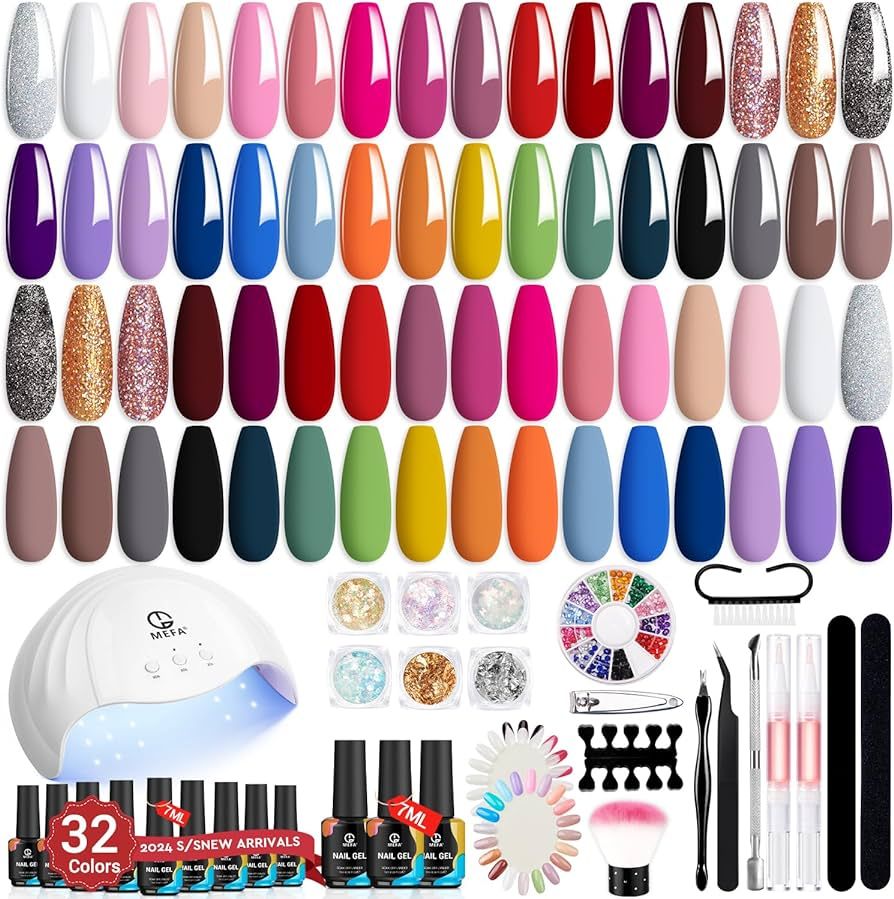 MEFA 56 Pcs Gel Nail Polish Kit with U V Light, 32 Colors All Seasons Soak Off Gel Polish Nail Se... | Amazon (US)